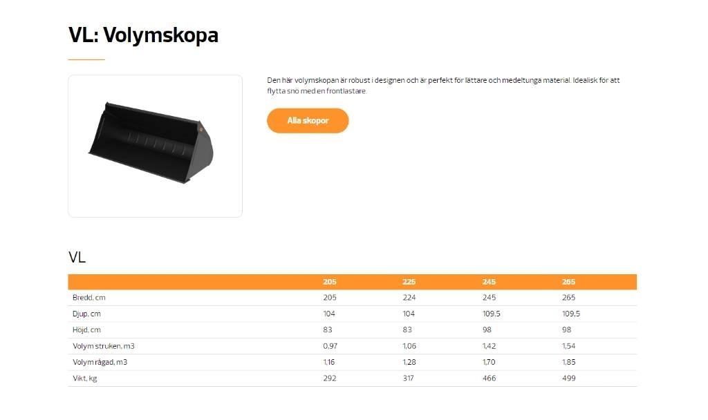 Quicke VL volymskopa Front loader accessories
