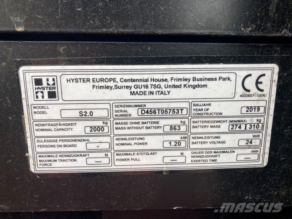 Hyster S 2.0 Pedestrian stacker