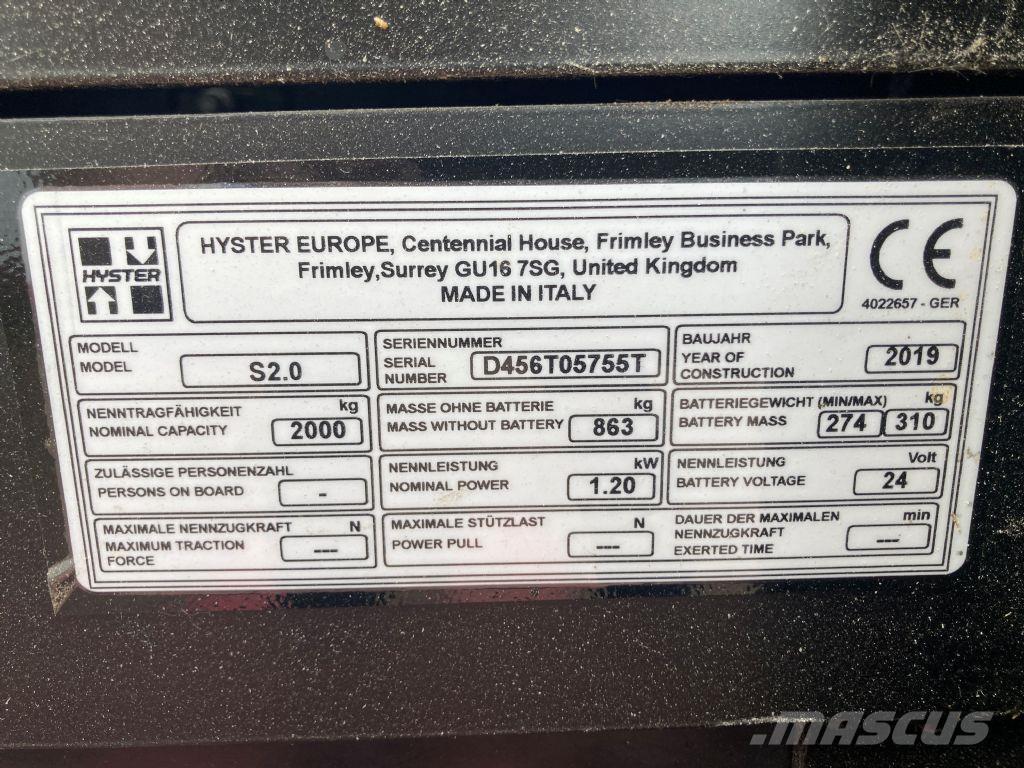 Hyster S 2.0 Pedestrian stacker