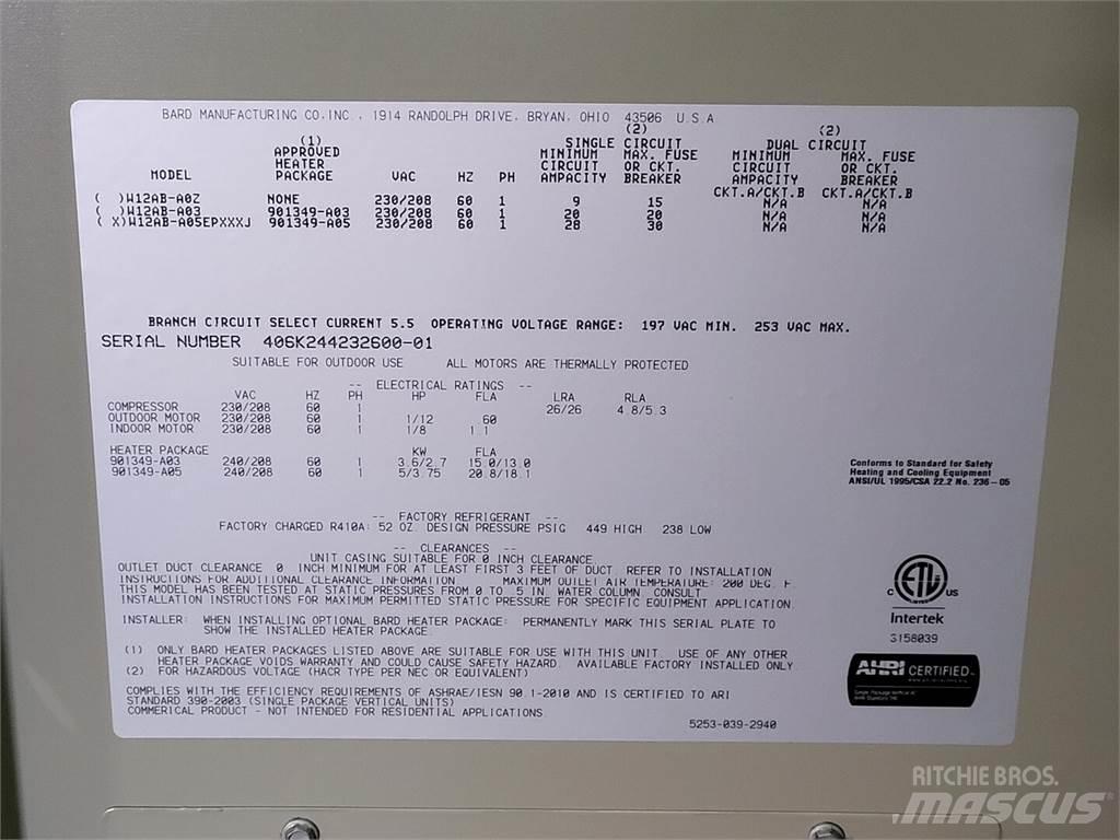  BARD W12AB-A05EPXXXJ Heating and thawing equipment