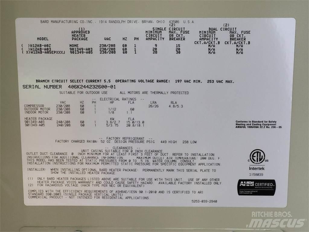  BARD W12AB-A05EPXXXJ Heating and thawing equipment